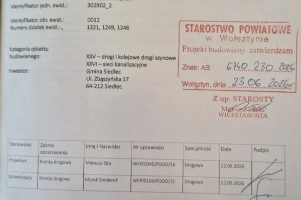 Pozwolenie na budowę dla przebudowy ul. Winnice w Kopanicy wydane