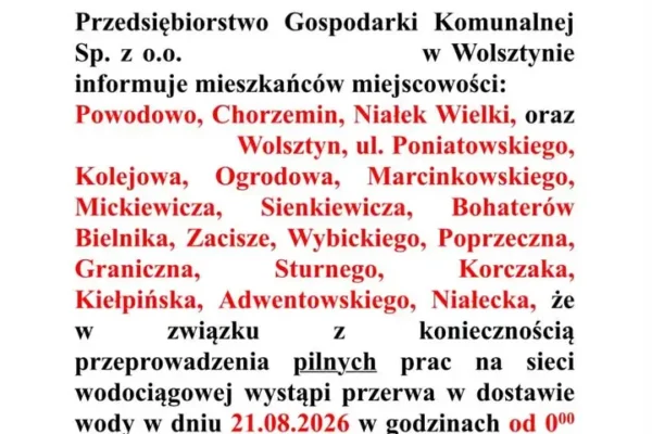 Pilna przerwa w dostawie wody w Wolsztynie i okolicach – 21 sierpnia