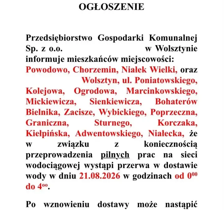 Pilna przerwa w dostawie wody w Wolsztynie i okolicach – 21 sierpnia