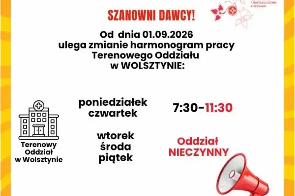 Zmiana godzin pracy punktu krwiodawstwa w Wolsztynie od września