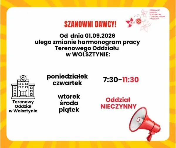 Zmiana godzin pracy punktu krwiodawstwa w Wolsztynie od września