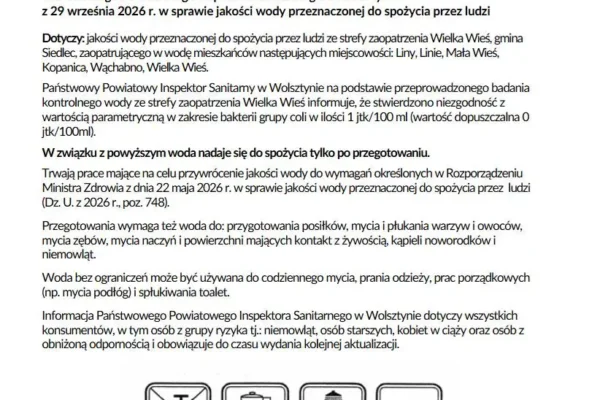 Woda w gminie Siedlec niezdatna do picia bez przegotowania. Sanepid wykrył bakterie grupy coli