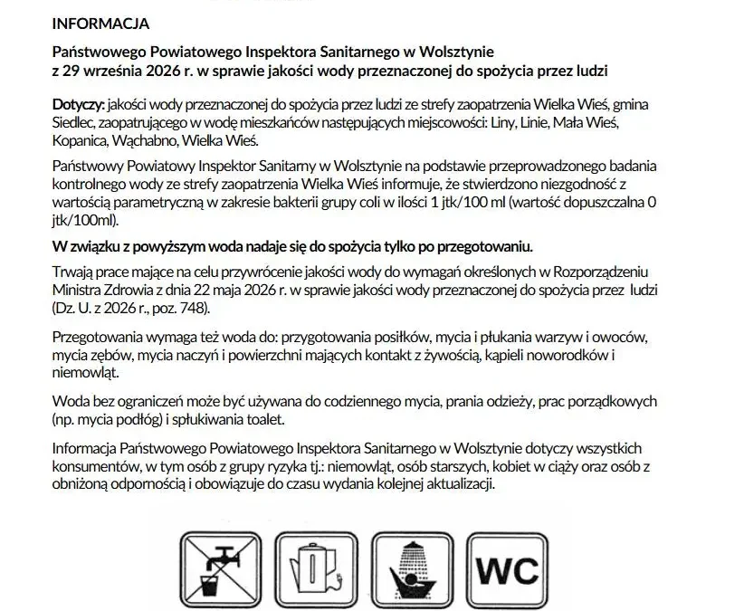 Woda w gminie Siedlec niezdatna do picia bez przegotowania. Sanepid wykrył bakterie grupy coli